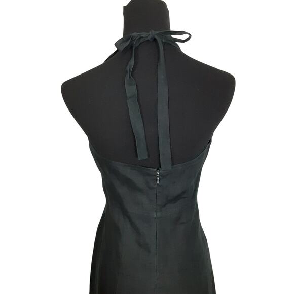 Vintage 90s Black Maxi Dress Halter Tie Neck 100% Linen Back Slit Resort Minimal - Picture 6 of 16